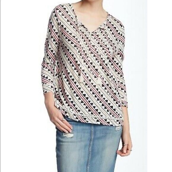 LUCKY Brand Geometic Print Top Women's L Tassel 3/4 Sleeve Boho Pin Tuck - Picture 1 of 7